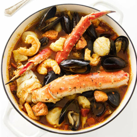 Seafood stew with a mix of seafood.