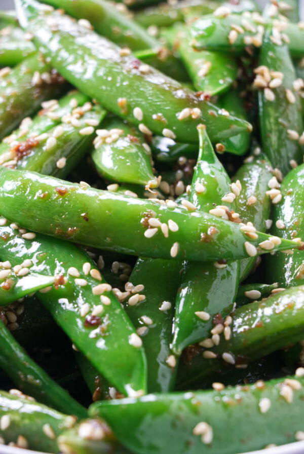 Sesame snap peas with toasted sesame seeds.