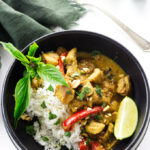 overhead view of a serving of Thai coconut chicken Curry on rice