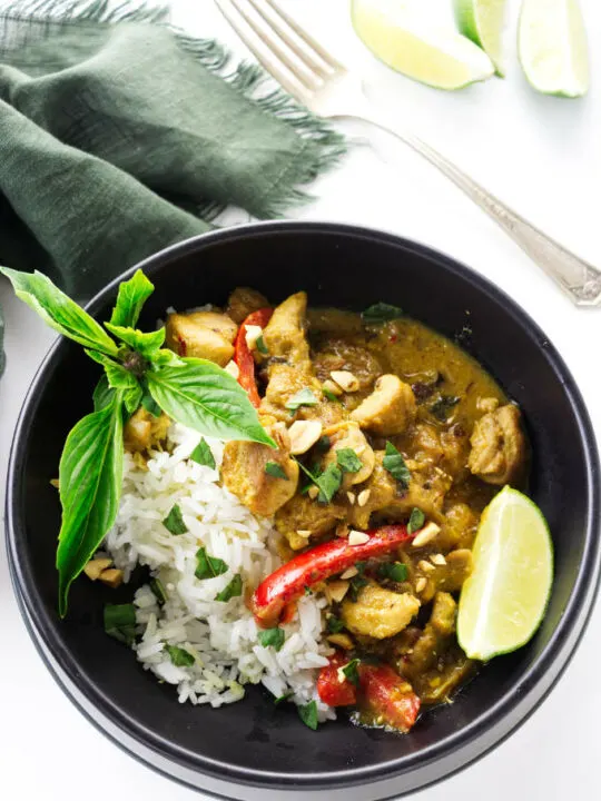 overhead view of a serving of Thai coconut chicken Curry on rice