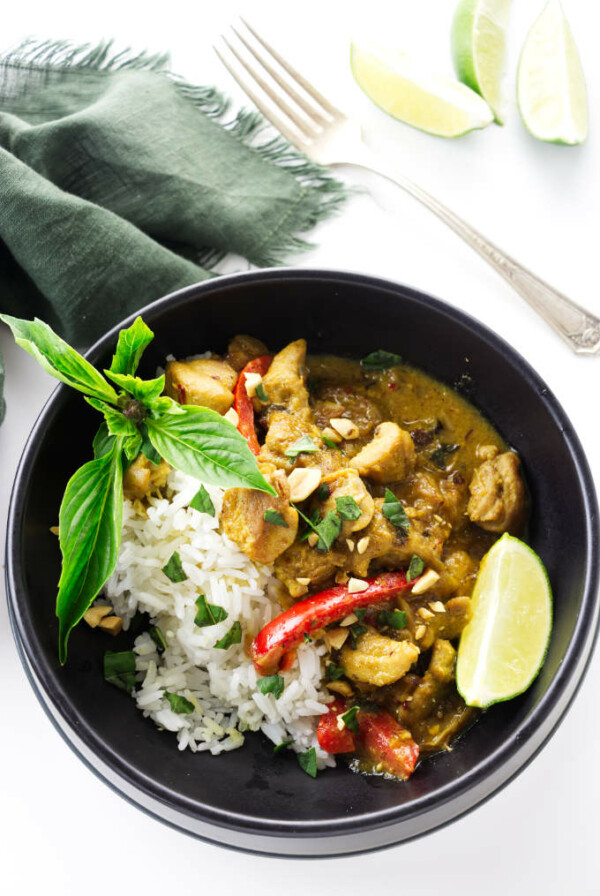 overhead view of a serving of Thai coconut chicken Curry on rice