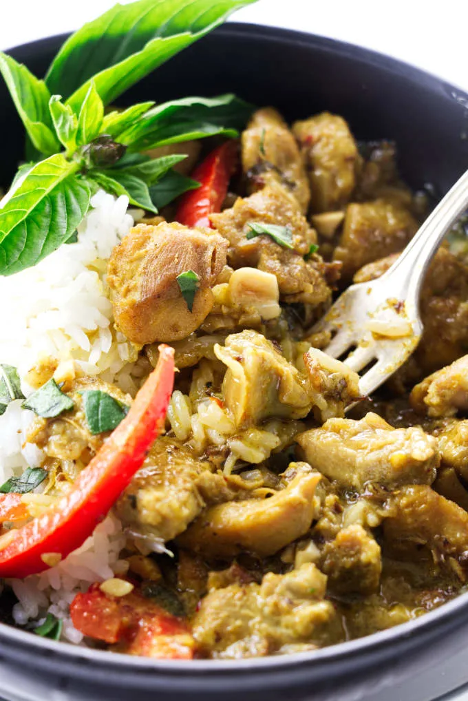 Close up view of Thai coconut chicken curry with a fork