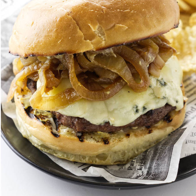 Grilled Bacon Burgers with Caramelized Onions and Blue Cheese