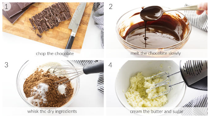 Four photos showing how to make chocolate fudge cookies.