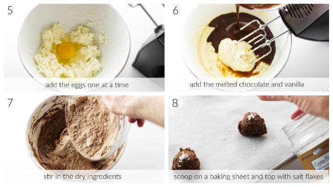 Four photos showing how to make chocolate fudge cookies with salt on top.