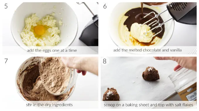 Four photos showing how to make chocolate fudge cookies with salt on top.