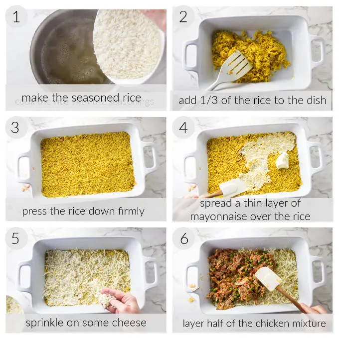 Six photos showing how to make Imperial rice.