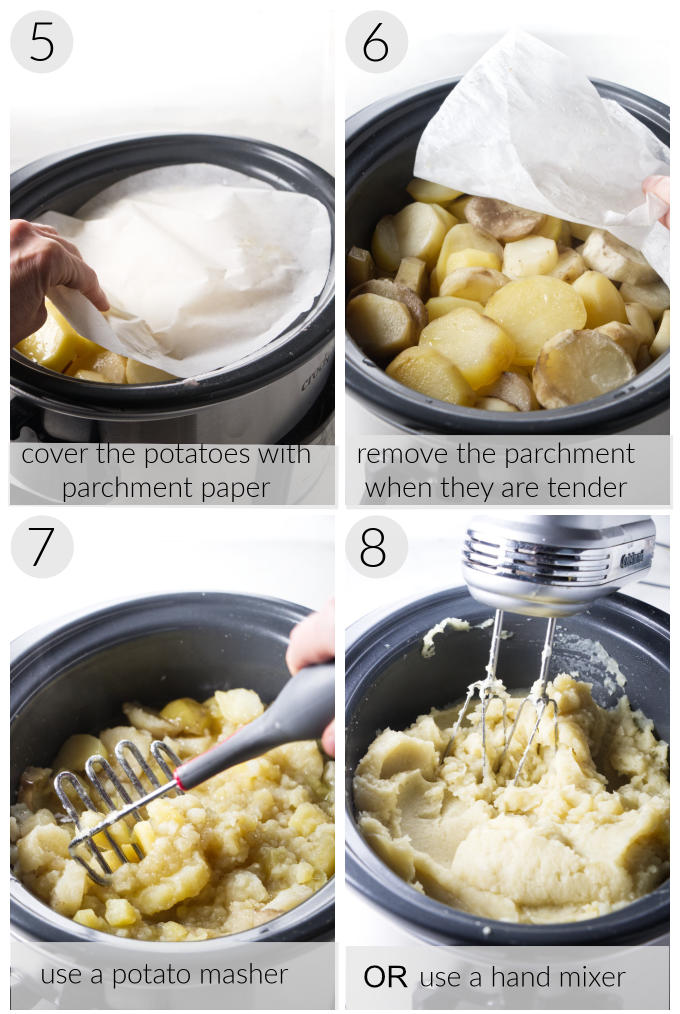 Four photos showing how to make a large batch of mashed potatoes.