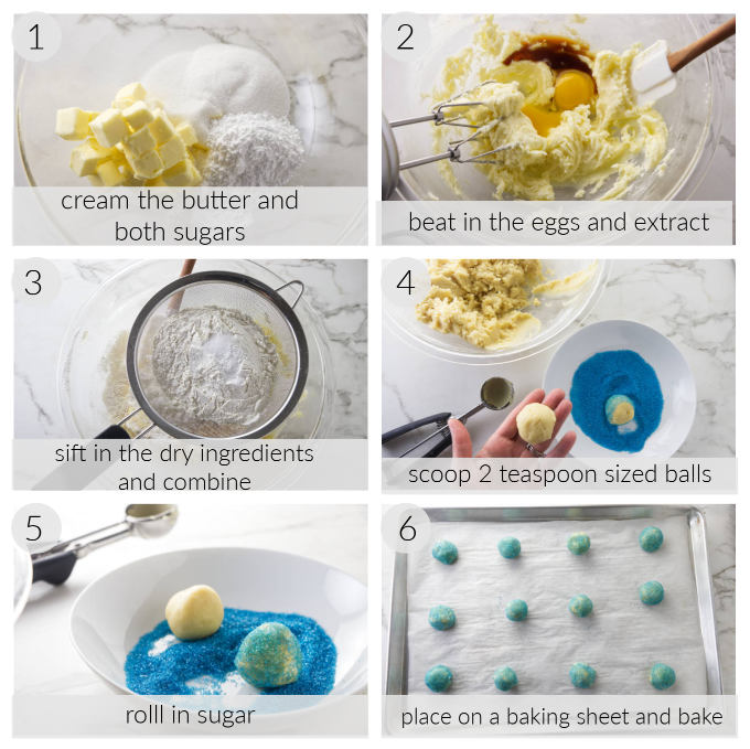 Six photos showing how to make soft sugar cookies.