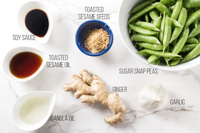 Ingredients needed for sesame snap peas.