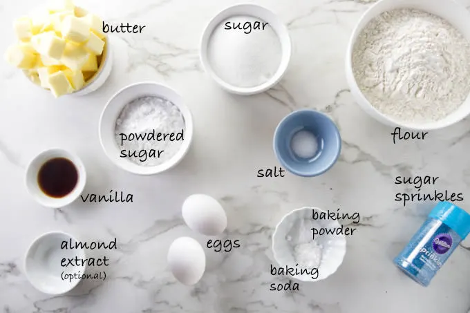 Ingredients needed for soft sugar cookies.