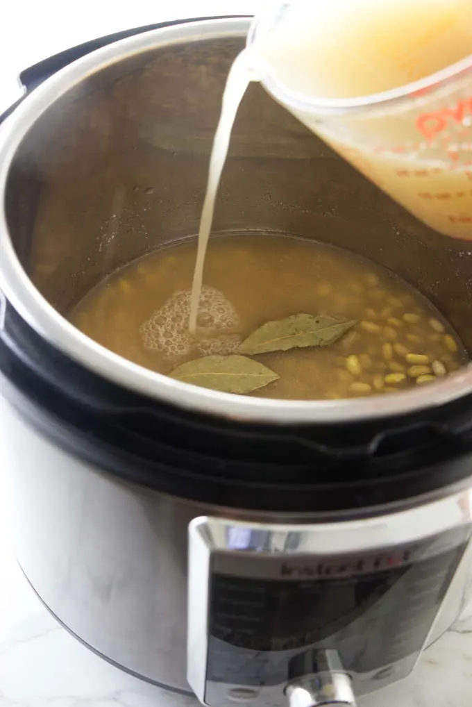 Pouring broth into an Instant Pot.