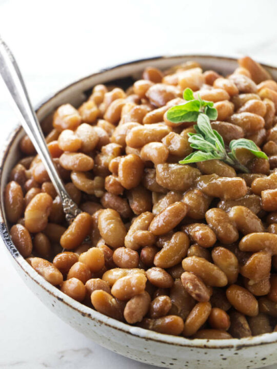 Mayocoba beans in a serving bowl.