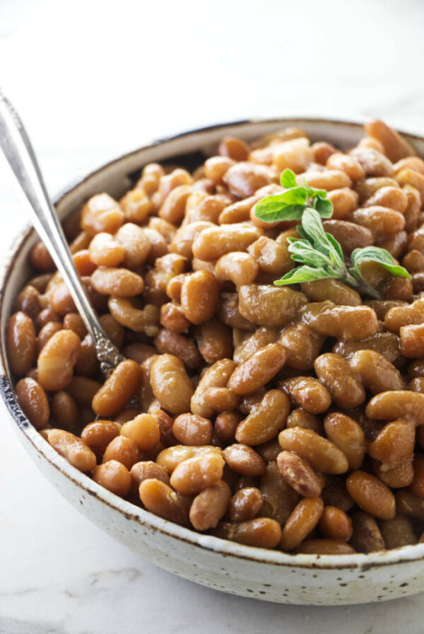 Mayocoba beans in a serving bowl.