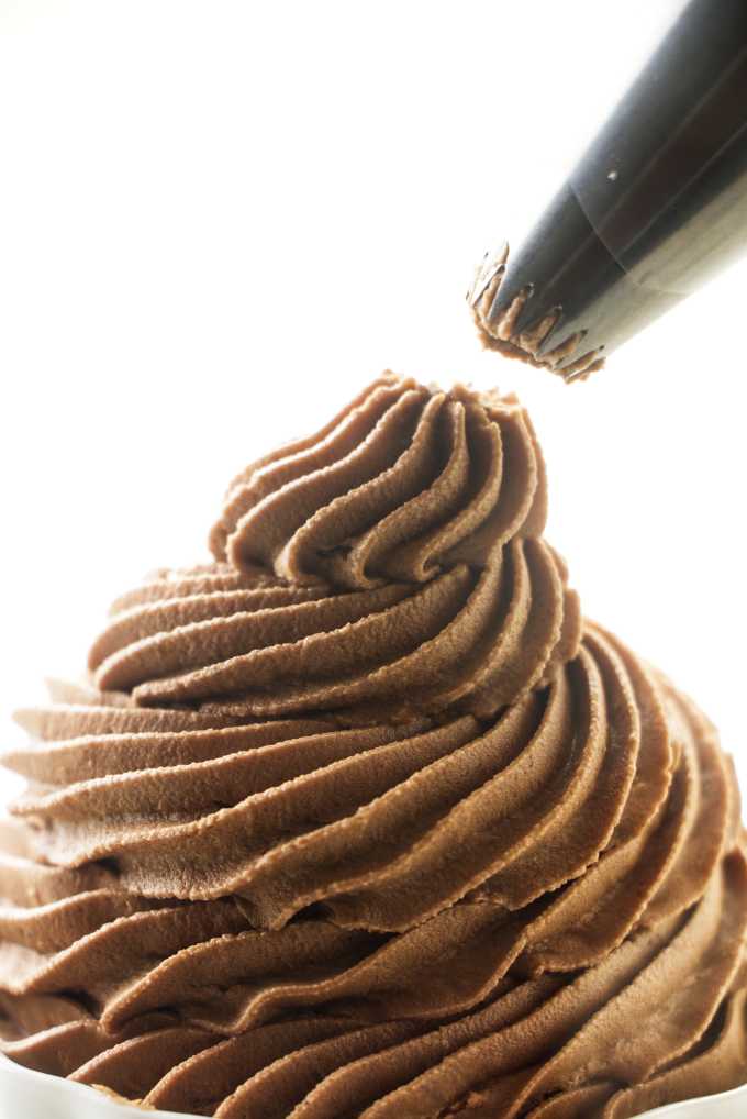 Nutella buttercream piped in a swirl pattern.