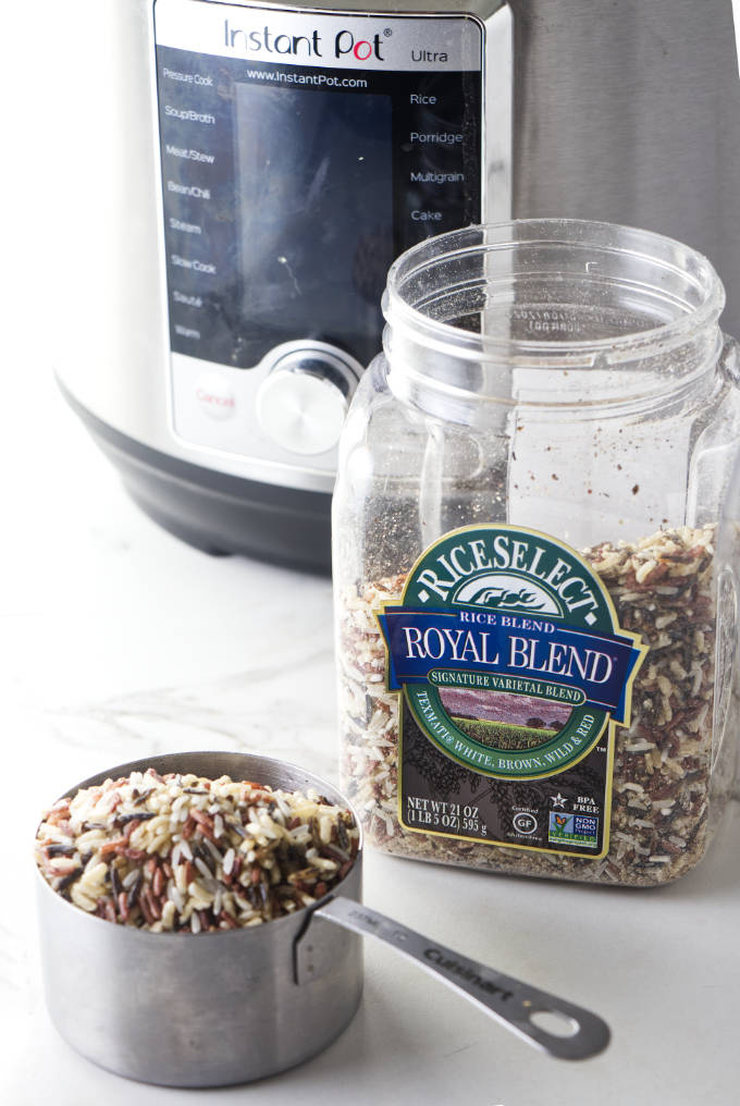 Royal blend rice blend wild rice next to an Instant Pot.