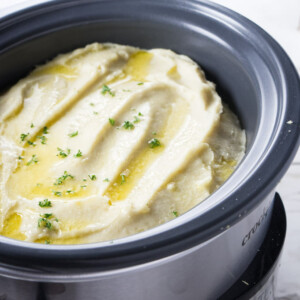 A large batch of mashed potatoes in a slow cooker.