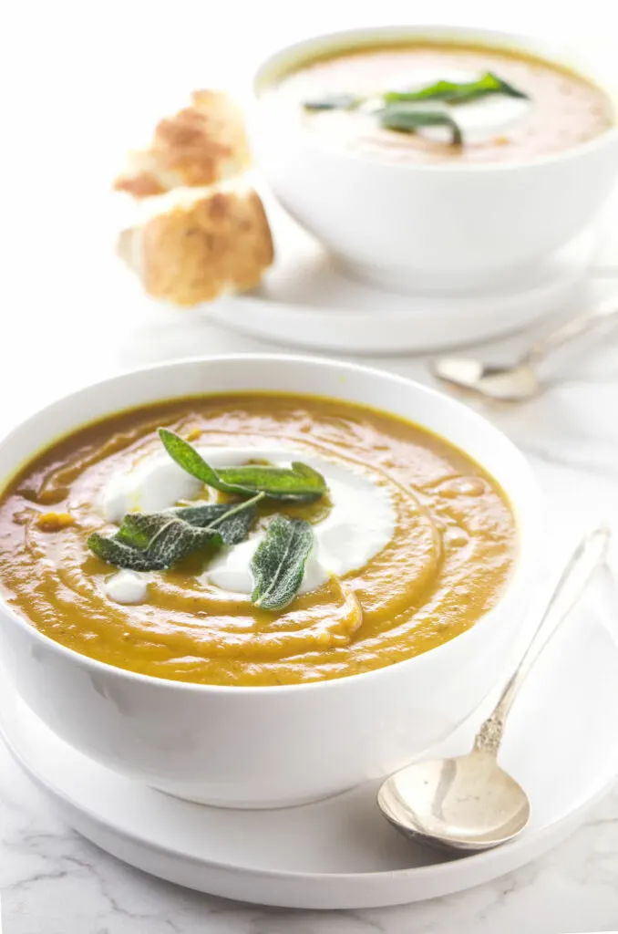 Sweet potato soup with fried sage and maple cream.