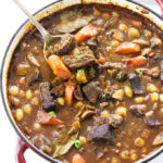 Overhead view of beef burgundy (beef bourguignon)