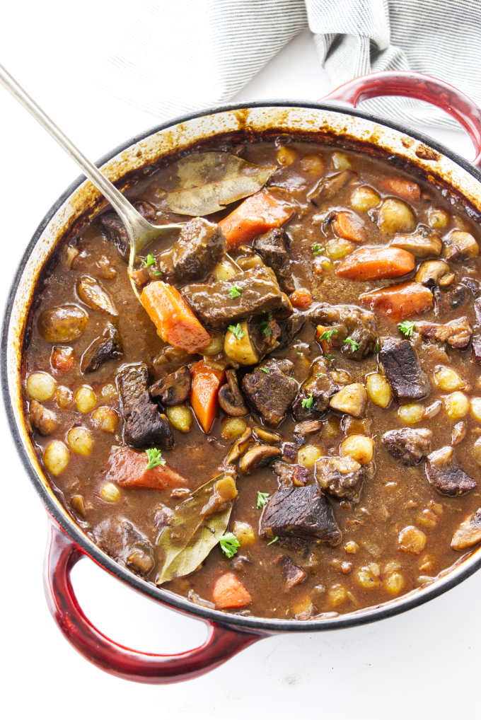 Overhead view of beef burgundy (beef bourguignon)