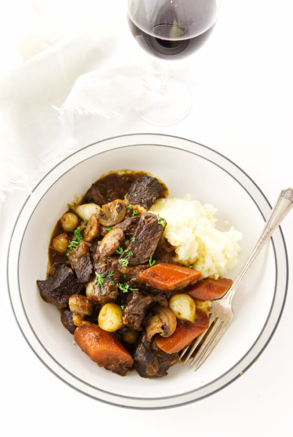 Overhead view of a serving of beef burgundy