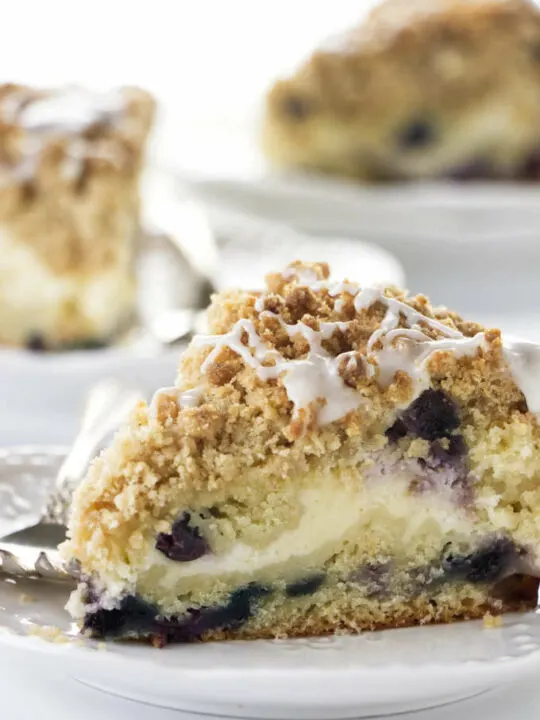 A slice of blueberry coffee cake cheesecake.