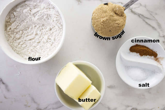 Labeled ingredients for the crumb topping for the blueberry coffee cake cheesecake.