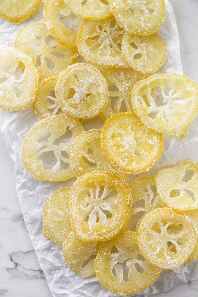 Candied lemon slices coated in sugar.