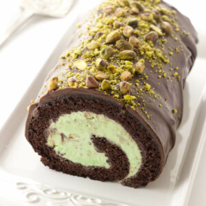 Overhead view of Chocolate Pistachio Ice Cream Cake Roll