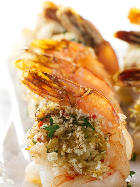 A close up shot of a stuffed shrimp.