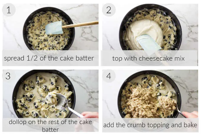 A collage of four photos showing how to make a blueberry coffee cake cheesecake.
