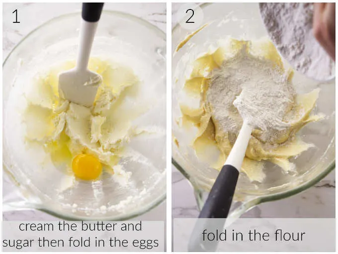 Two photos showing how to make the batter for blueberry buckle. 