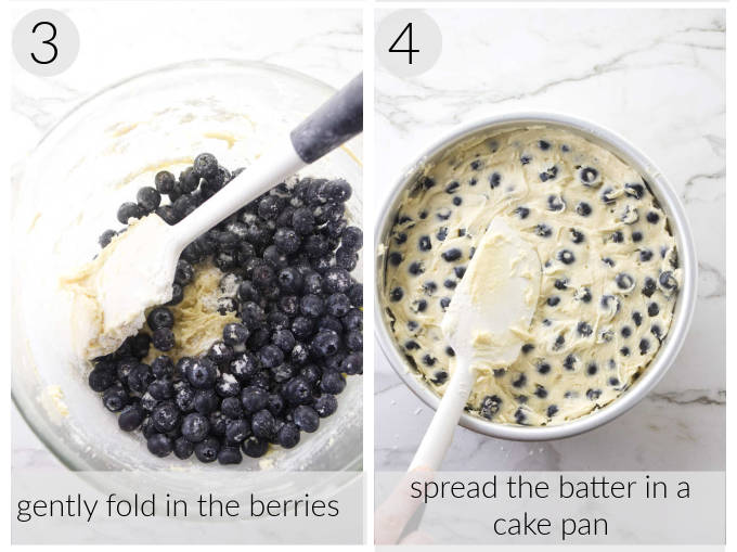 Two photos showing how to fold blueberries into cake batter.