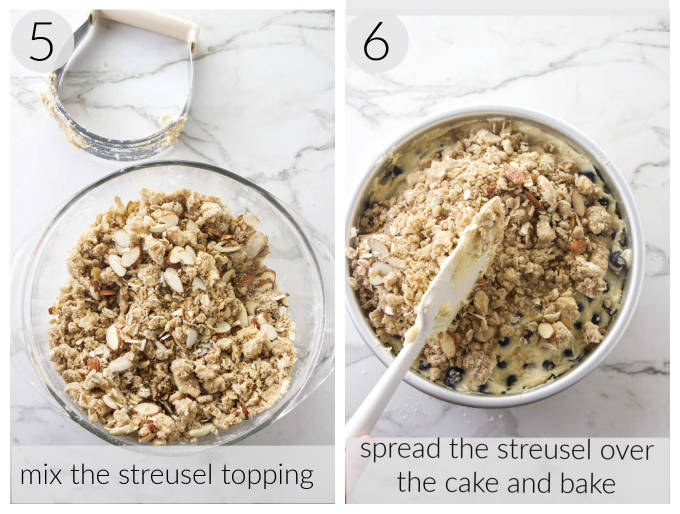 Two photos showing how to make a streusel topping and spread it on a blueberry cake.