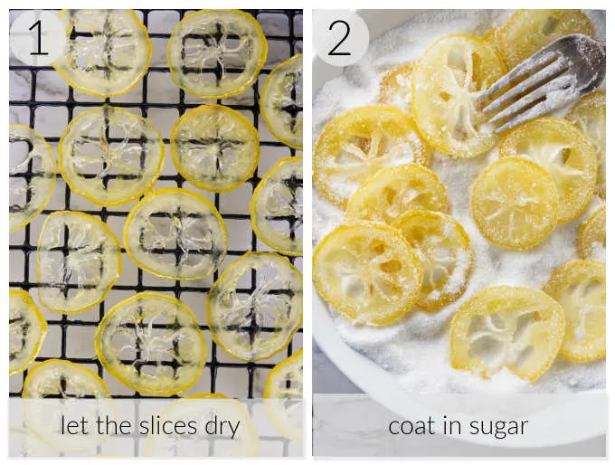 A collage of two process photos showing the steps for making candied lemon slices.