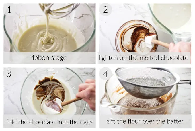 Collage of four photos showing the steps to make fudgy brownies.
