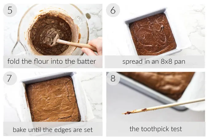 Collage of four photos showing the process steps for making triple chocolate brownies.
