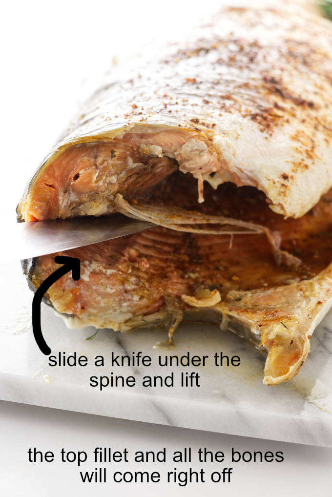 A photo showing how to separate the fillets of a baked whole salmon.