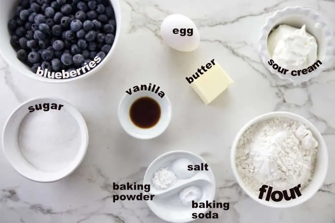 All the ingredients labeled for the blueberry cake.