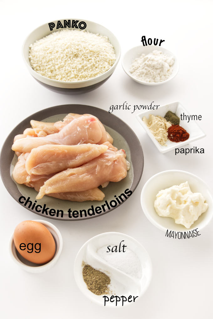 Ingredients needed to make crispy chicken tenders baked in the oven