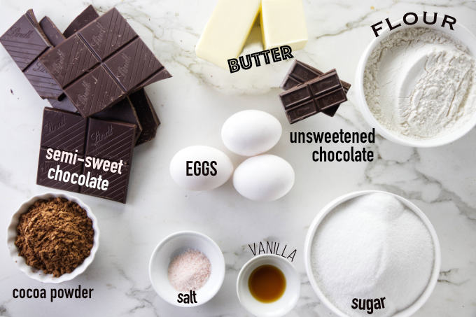 Ingredients needed to make triple chocolate brownies.