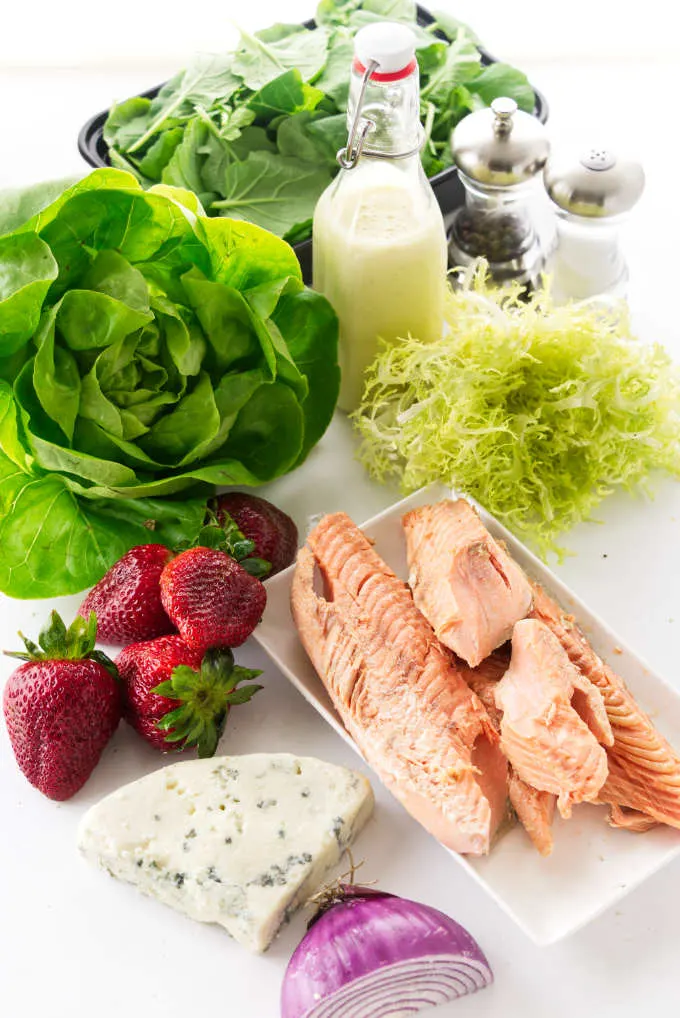 Ingredients for Salmon Salad with Strawberries and Preserved Lemon Vinaigrette