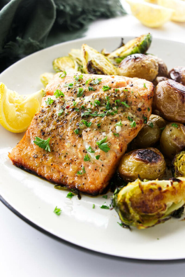 A serving of Sheet Pan Salmon and vegetables