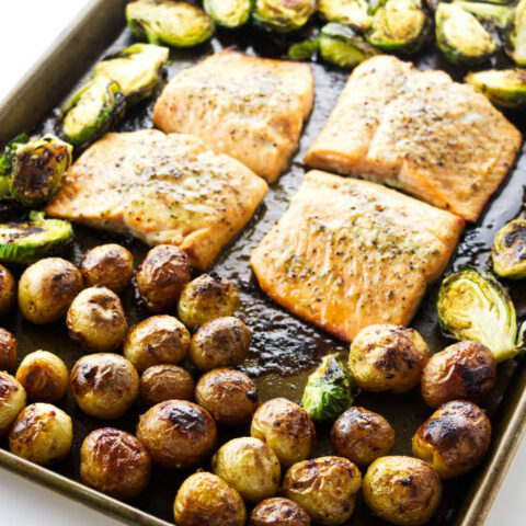 Sheet Pan Salmon with potatoes and Brussels sprouts