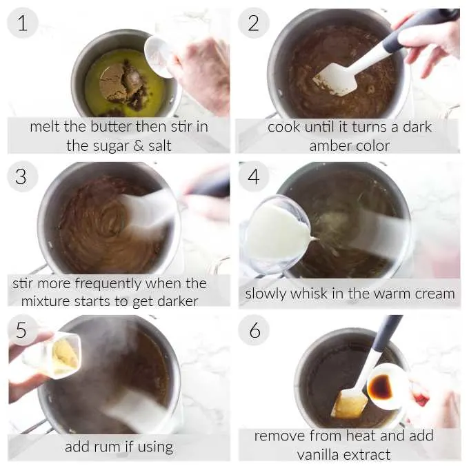 Collage of six photos showing how to make butterscotch sauce.