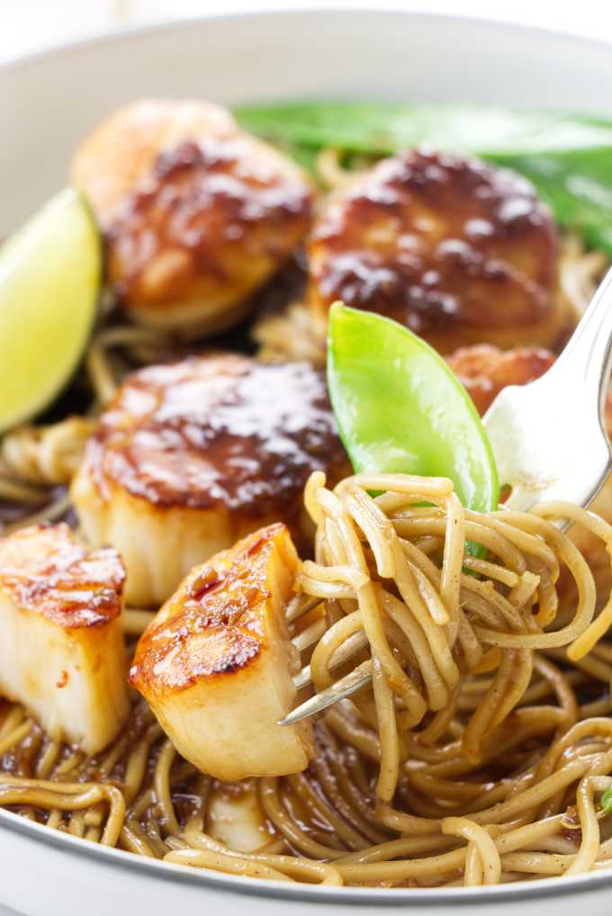A fork with a bite of Asian style scallops and soba noodles.