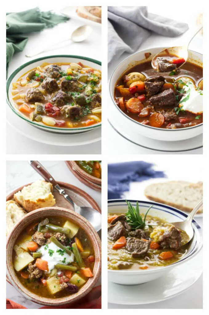 A collage of four photos of beef or lamb soups.