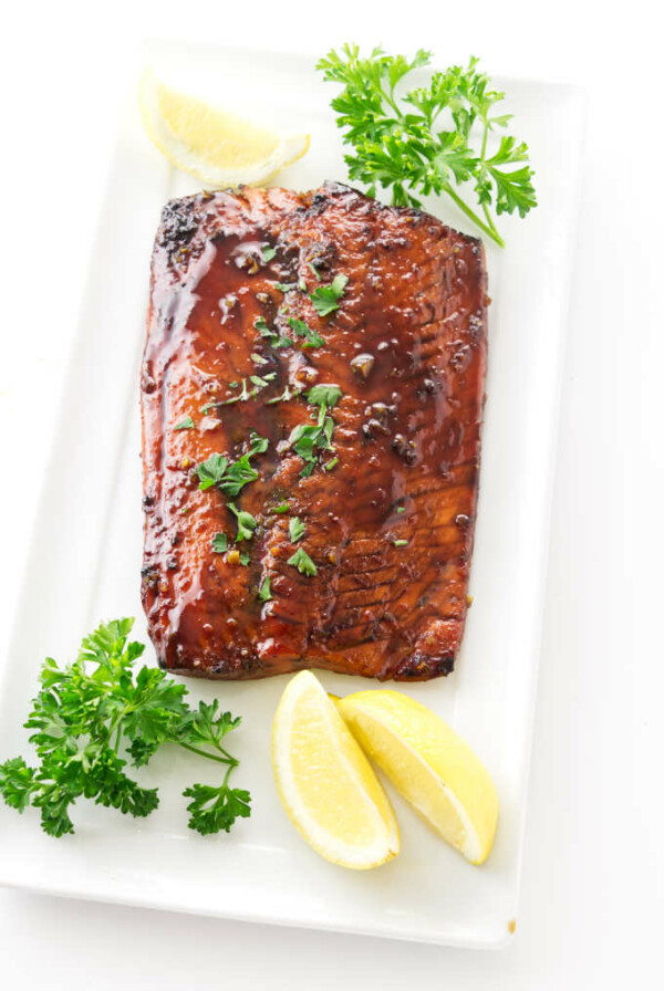 Bourbon glazed salmon on a serving platter.