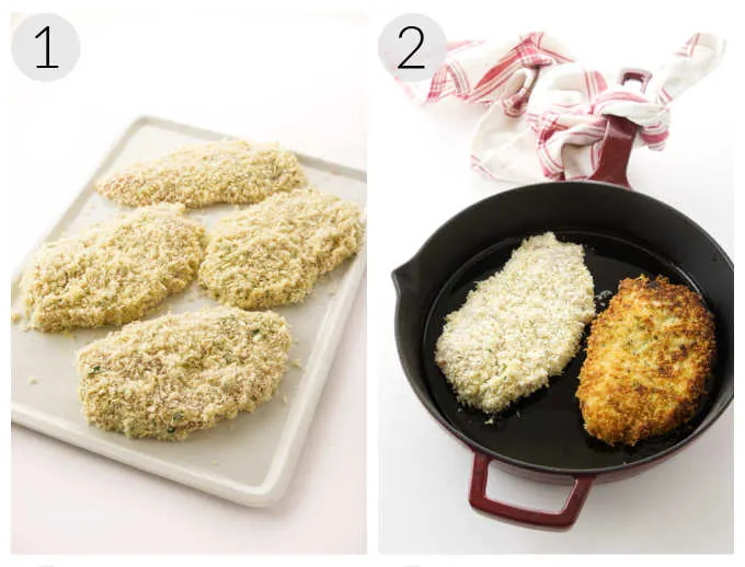 Collage showing a plate of breaded cutlets and a photo of 2 cutlets in a skillet