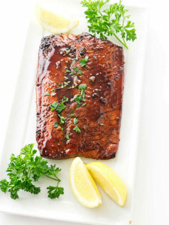 Bourbon glazed salmon on a serving platter.